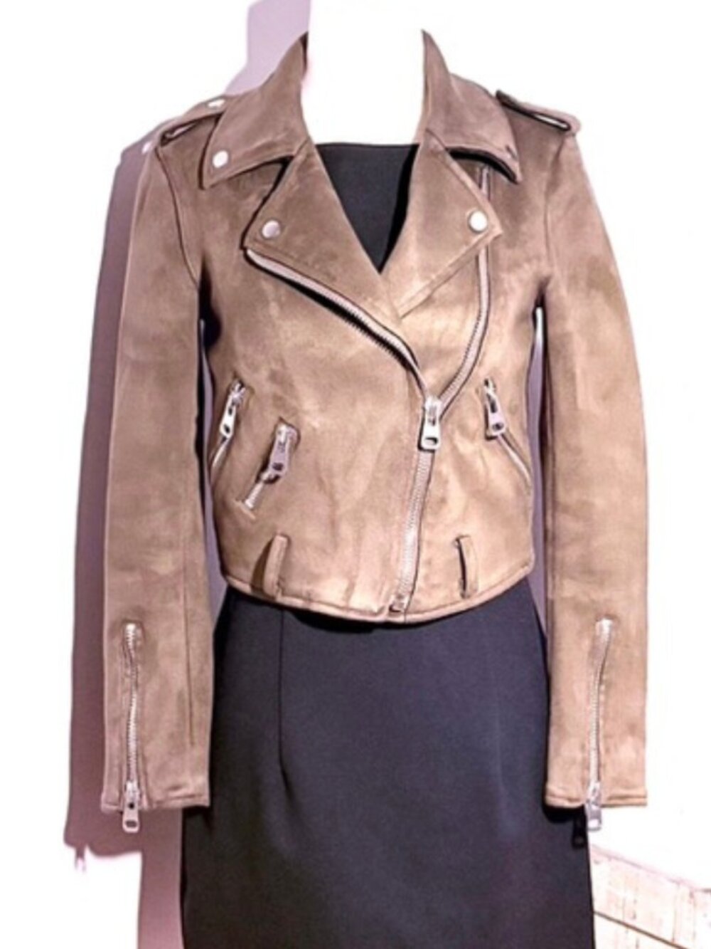 Taupe Moto Jacket size XS Zara Basic Faux Suede